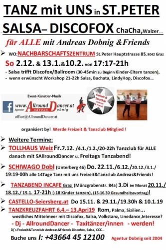 NBZSt.Peter 13.1.u. 10.2.19.um 17h! SCHIWAGO DO alle 14 Tage 3.1.19h! Incafe 15.1.Tanzkreuzfahrt. I. +436644512100 werde Tänzer